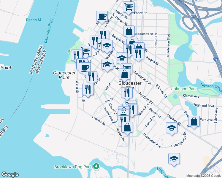 map of restaurants, bars, coffee shops, grocery stores, and more near 614 Hunter Street in Gloucester City