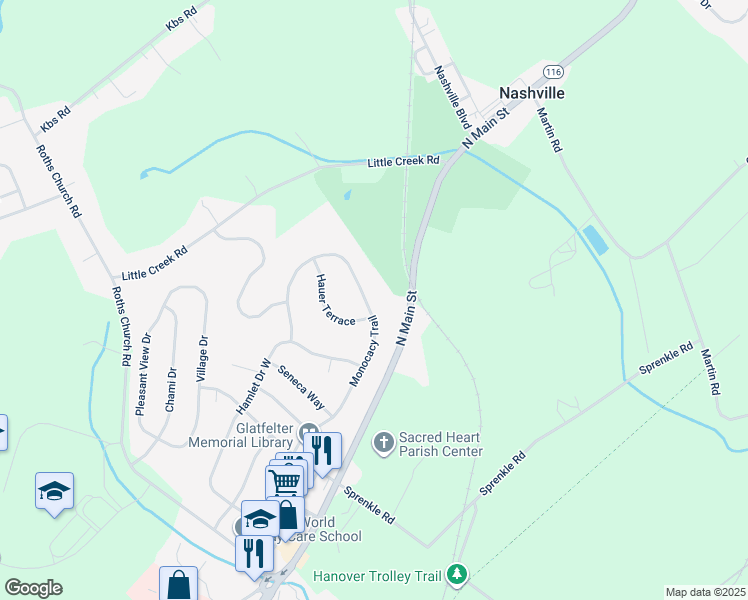 map of restaurants, bars, coffee shops, grocery stores, and more near 538 Monocacy Trail in Spring Grove