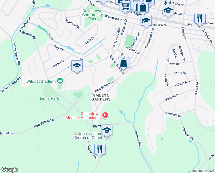 map of restaurants, bars, coffee shops, grocery stores, and more near 623 New School Lane in Dallastown