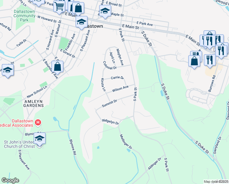 map of restaurants, bars, coffee shops, grocery stores, and more near 643 Wilson Avenue in Dallastown