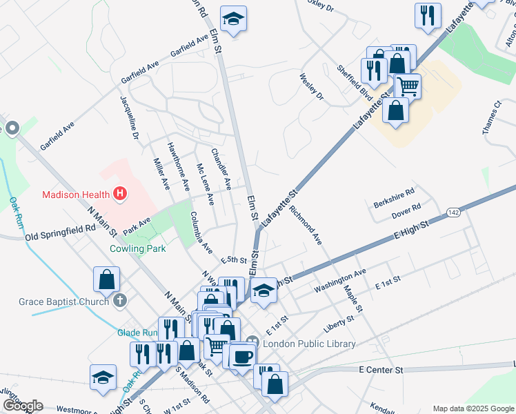 map of restaurants, bars, coffee shops, grocery stores, and more near 126 Elm Street in London