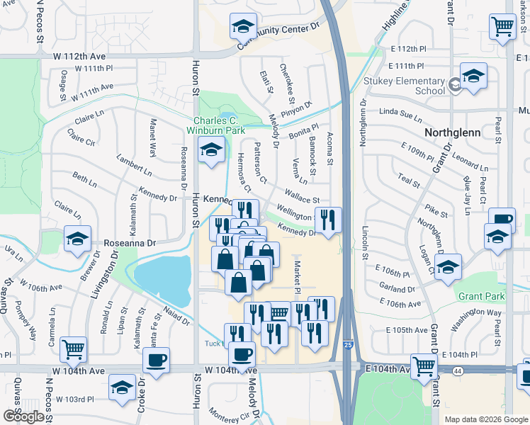 map of restaurants, bars, coffee shops, grocery stores, and more near 27 Melody Drive in Northglenn