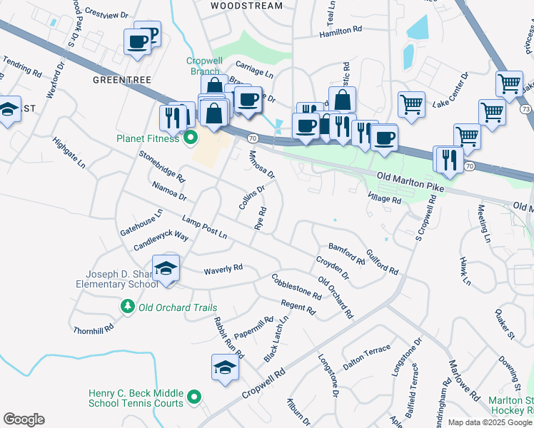 map of restaurants, bars, coffee shops, grocery stores, and more near 106 Rye Road in Cherry Hill