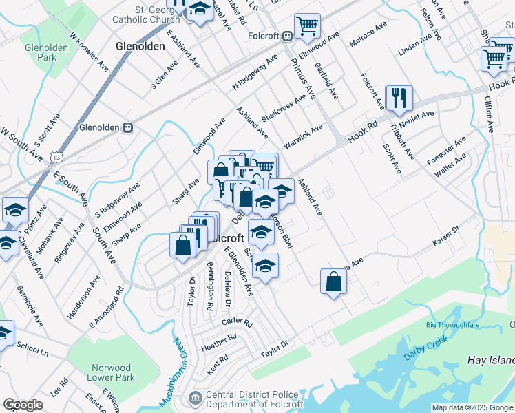 map of restaurants, bars, coffee shops, grocery stores, and more near 1835 Delmar Drive in Folcroft