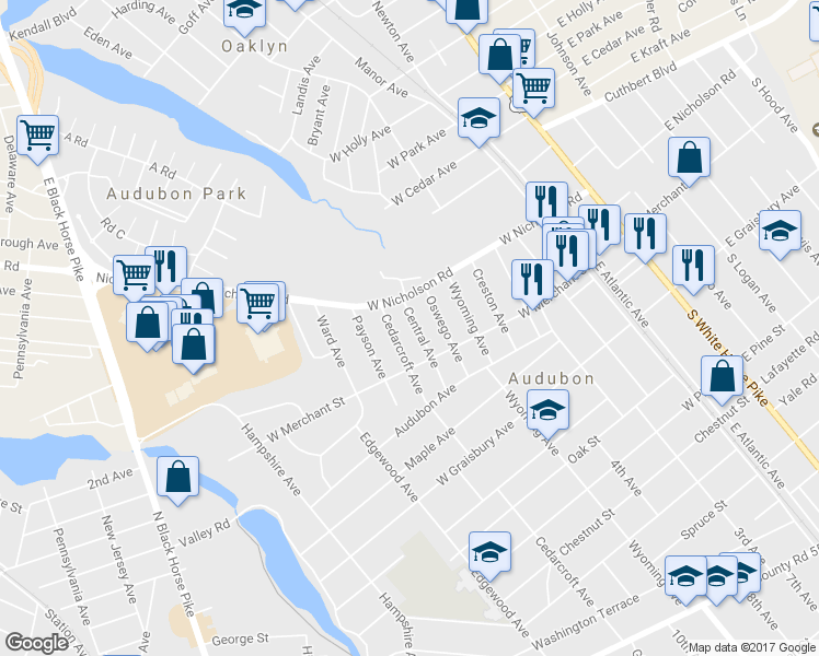 map of restaurants, bars, coffee shops, grocery stores, and more near 28 Central Avenue in Audubon