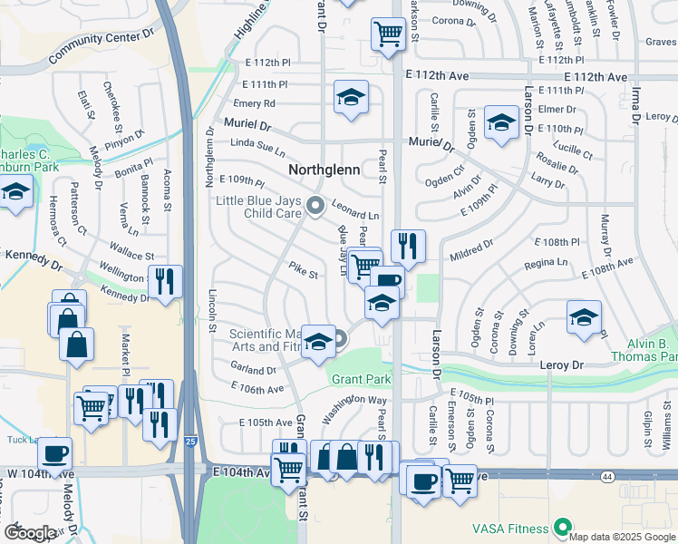 map of restaurants, bars, coffee shops, grocery stores, and more near 10801 Blue Jay Ln in Northglenn