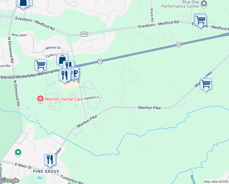map of restaurants, bars, coffee shops, grocery stores, and more near 404 Quail Road in Evesham