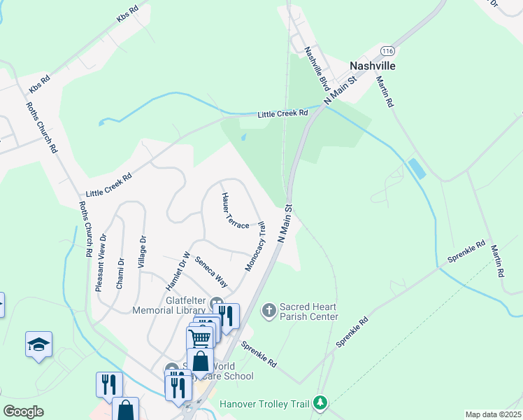 map of restaurants, bars, coffee shops, grocery stores, and more near 538 Monocacy Trail in Spring Grove