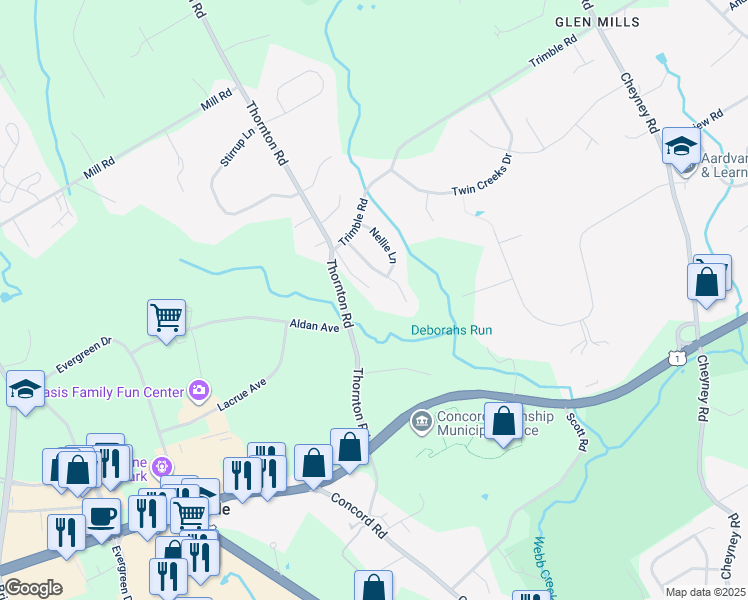 map of restaurants, bars, coffee shops, grocery stores, and more near 119 Thornton Road in Thornton