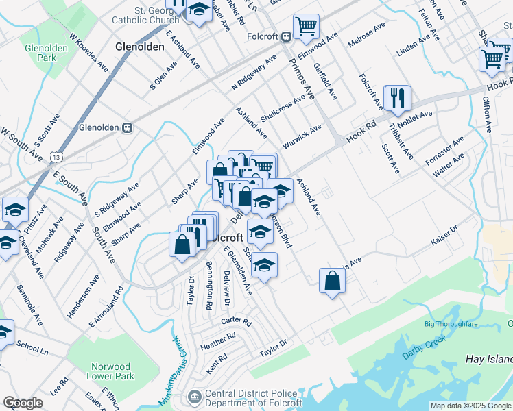 map of restaurants, bars, coffee shops, grocery stores, and more near 1835 Delmar Drive in Folcroft