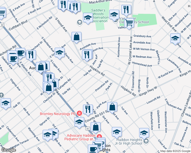 map of restaurants, bars, coffee shops, grocery stores, and more near 200 Cornell Road in Audubon