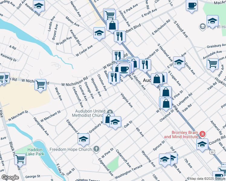 map of restaurants, bars, coffee shops, grocery stores, and more near 110 Virginia Avenue in Audubon