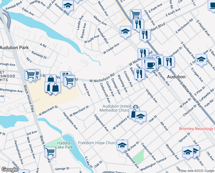 map of restaurants, bars, coffee shops, grocery stores, and more near 28 Central Avenue in Audubon