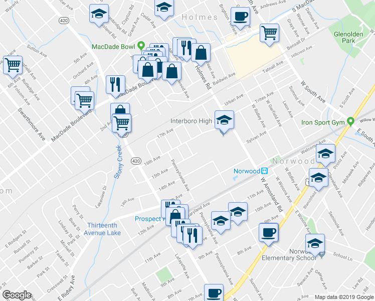 map of restaurants, bars, coffee shops, grocery stores, and more near 1514 Evans Avenue in Prospect Park