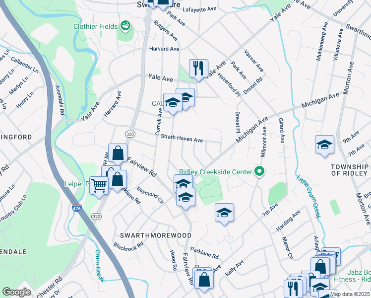 map of restaurants, bars, coffee shops, grocery stores, and more near 515 Westminster Avenue in Swarthmore