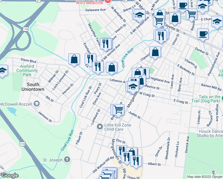map of restaurants, bars, coffee shops, grocery stores, and more near 10 Victoria Street in Uniontown