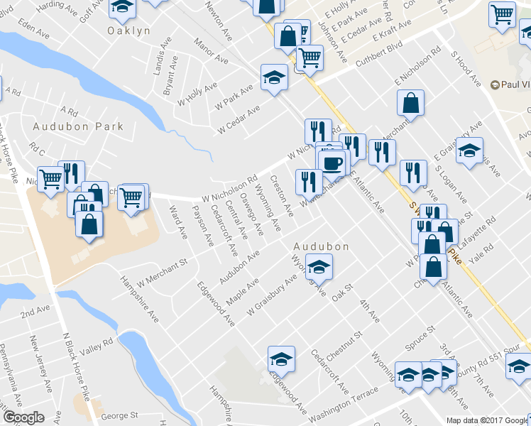 map of restaurants, bars, coffee shops, grocery stores, and more near 46 Wyoming Avenue in Audubon