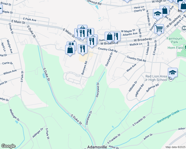 map of restaurants, bars, coffee shops, grocery stores, and more near 187 Country Ridge Drive in Red Lion