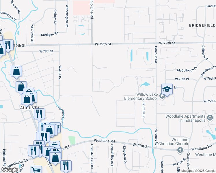 map of restaurants, bars, coffee shops, grocery stores, and more near 2305 Wheatgrass Way in Indianapolis