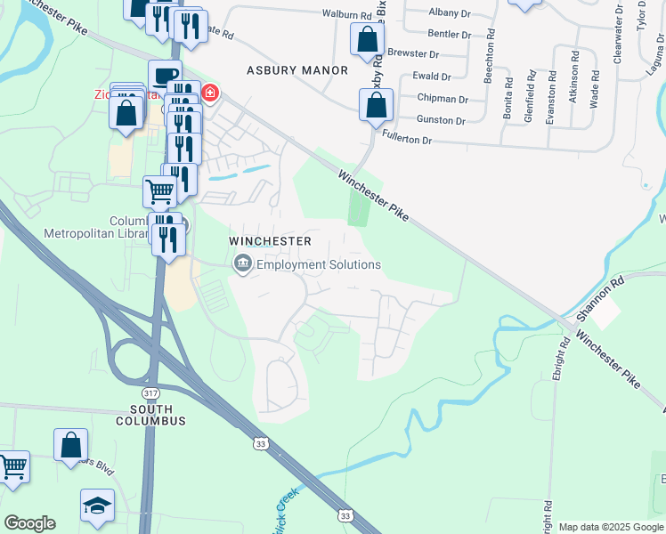 map of restaurants, bars, coffee shops, grocery stores, and more near 3996 Castel Drive in Groveport
