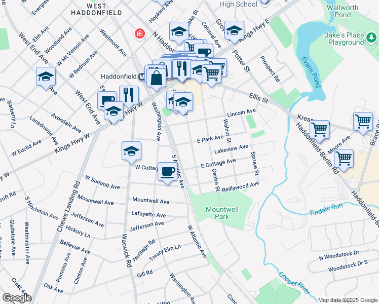 map of restaurants, bars, coffee shops, grocery stores, and more near 214 Chestnut Street in Haddonfield