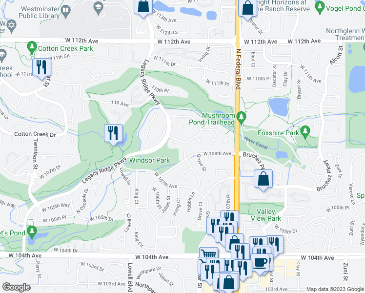 map of restaurants, bars, coffee shops, grocery stores, and more near 3342 West 109th Circle in Westminster