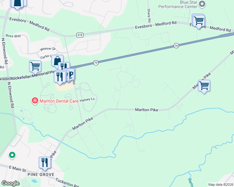 map of restaurants, bars, coffee shops, grocery stores, and more near 504 Quail Road in Evesham
