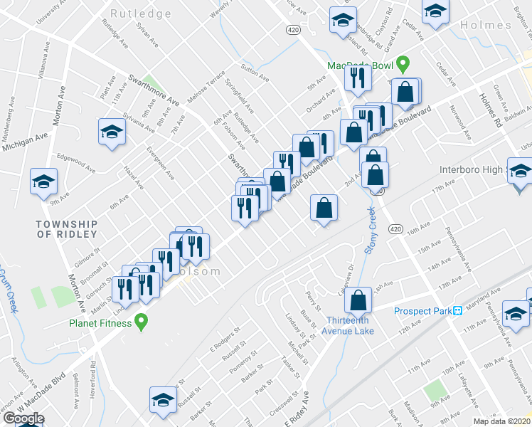 map of restaurants, bars, coffee shops, grocery stores, and more near 1100 MacDade Boulevard in Folsom