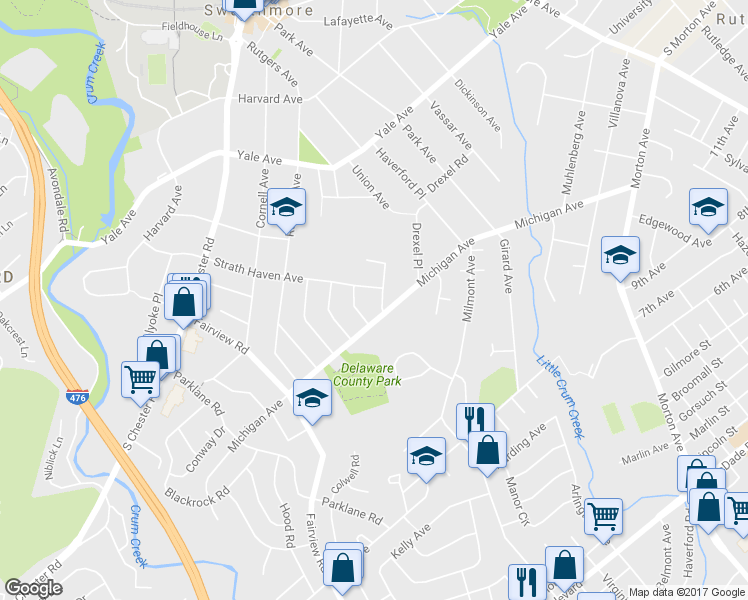 map of restaurants, bars, coffee shops, grocery stores, and more near 506 Drew Avenue in Swarthmore