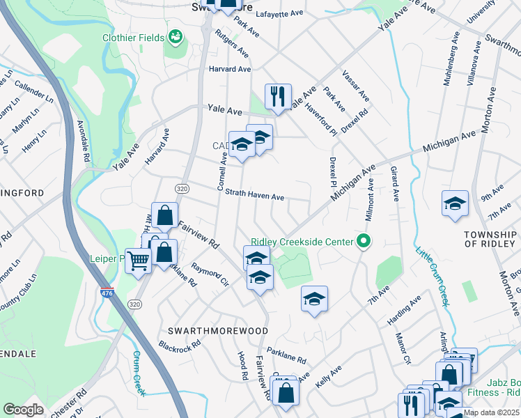map of restaurants, bars, coffee shops, grocery stores, and more near 515 Westminster Avenue in Swarthmore