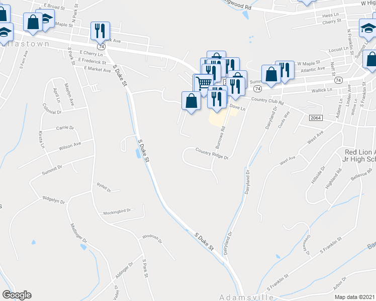 map of restaurants, bars, coffee shops, grocery stores, and more near 275 Country Ridge Drive in Red Lion