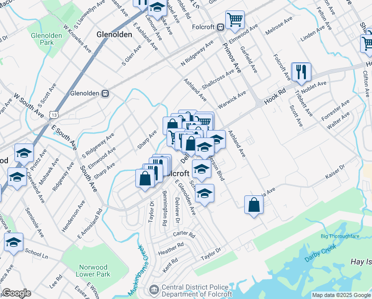 map of restaurants, bars, coffee shops, grocery stores, and more near 1890 Delmar Drive in Folcroft