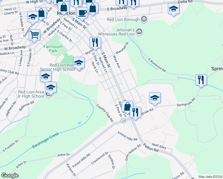 map of restaurants, bars, coffee shops, grocery stores, and more near 641 South Pine Street in Red Lion