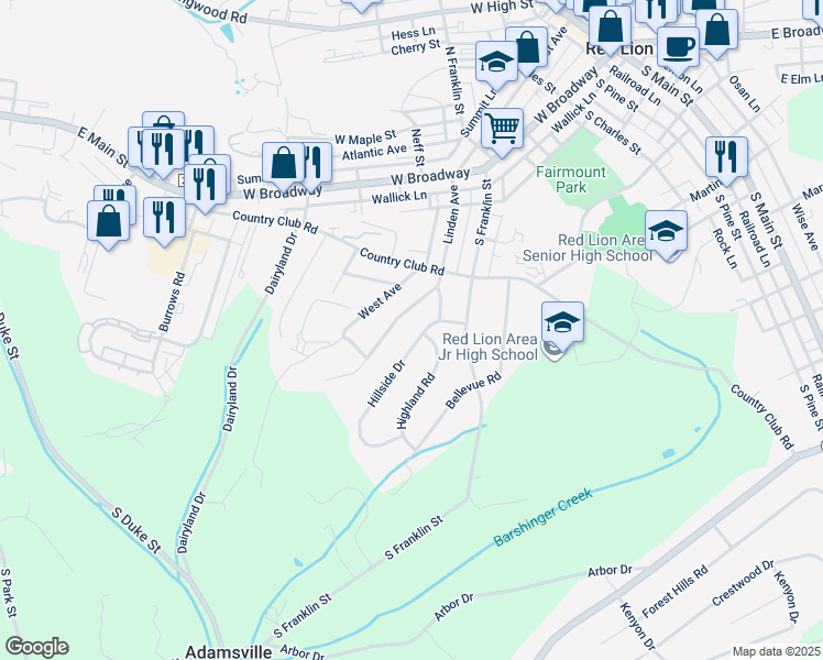 map of restaurants, bars, coffee shops, grocery stores, and more near 431 Hillside Dr in Red Lion
