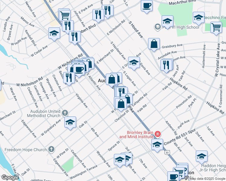 map of restaurants, bars, coffee shops, grocery stores, and more near 232 South White Horse Pike in Audubon