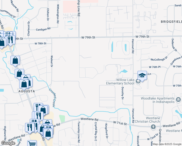 map of restaurants, bars, coffee shops, grocery stores, and more near 2305 Wheatgrass Way in Indianapolis
