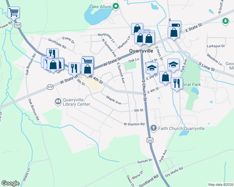 map of restaurants, bars, coffee shops, grocery stores, and more near 215 West 4th Street in Quarryville