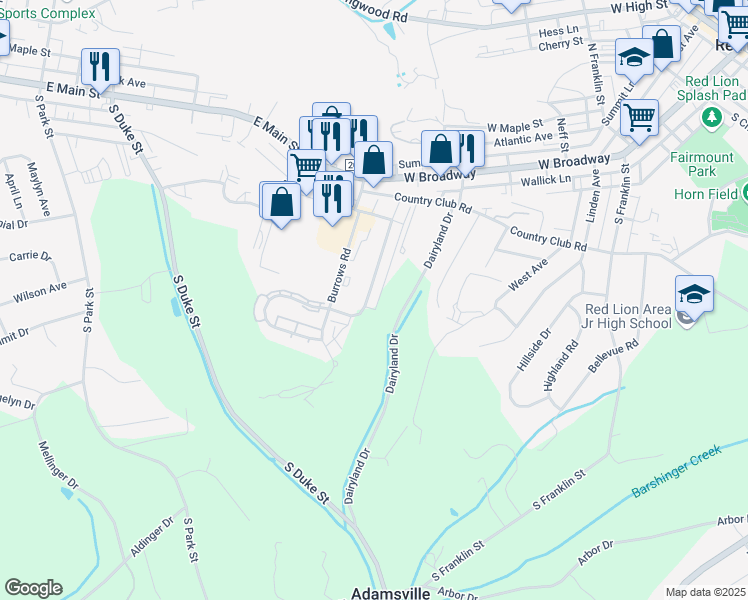 map of restaurants, bars, coffee shops, grocery stores, and more near 187 Country Ridge Drive in Red Lion