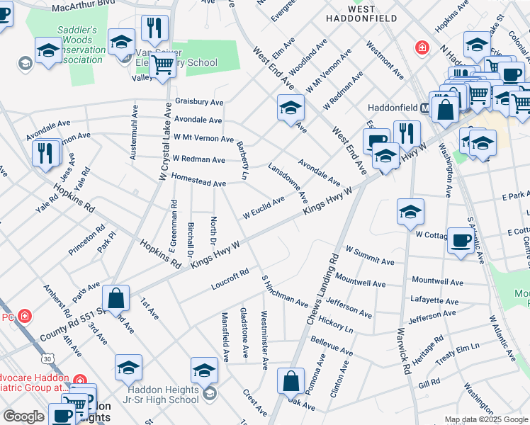 map of restaurants, bars, coffee shops, grocery stores, and more near 444 West Euclid Avenue in Haddonfield