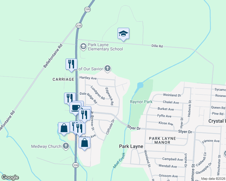 map of restaurants, bars, coffee shops, grocery stores, and more near 871 Cliffside Drive in New Carlisle