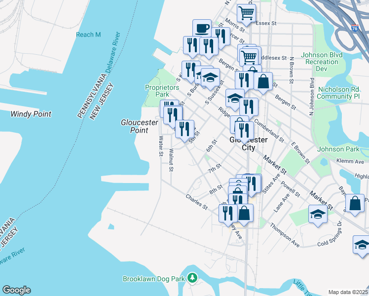 map of restaurants, bars, coffee shops, grocery stores, and more near 500 Jersey Avenue in Gloucester City