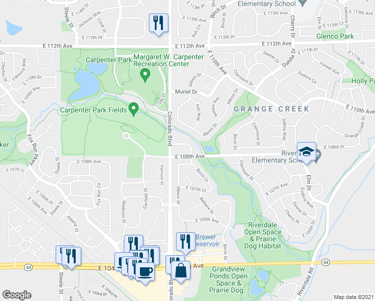 map of restaurants, bars, coffee shops, grocery stores, and more near 4120 E 109th Pl in Thornton