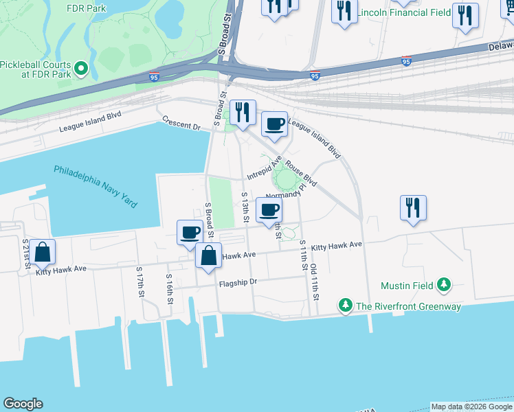 map of restaurants, bars, coffee shops, grocery stores, and more near 1200 Normandy Place in Philadelphia