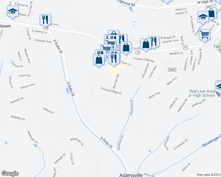 map of restaurants, bars, coffee shops, grocery stores, and more near 228 Country Ridge Drive in Red Lion