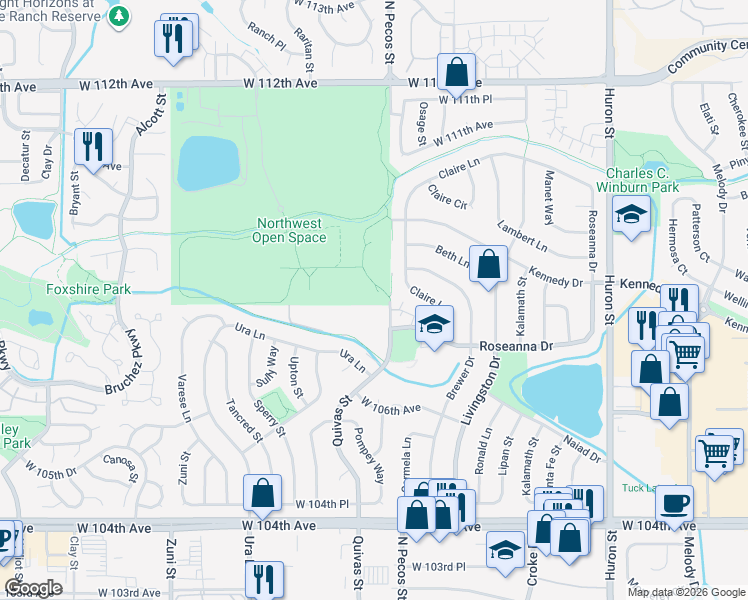 map of restaurants, bars, coffee shops, grocery stores, and more near 10701 North Pecos Street in Northglenn