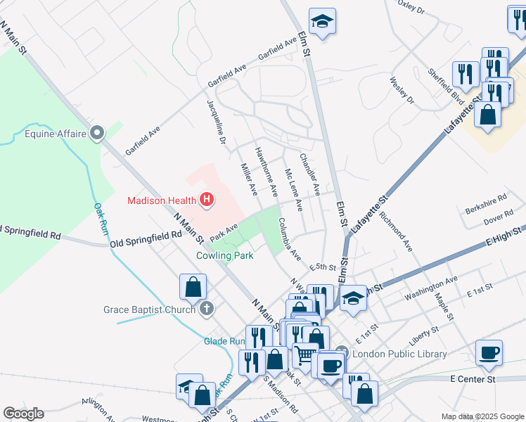 map of restaurants, bars, coffee shops, grocery stores, and more near Park Avenue in London