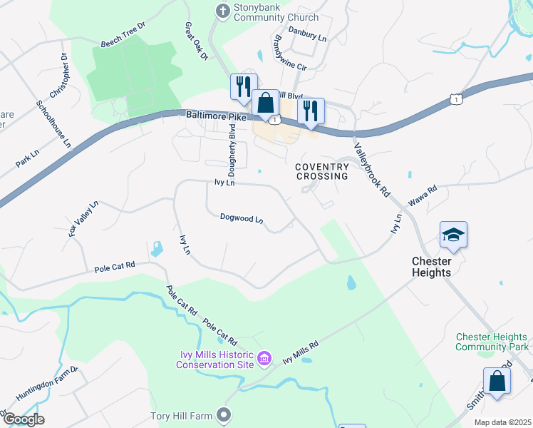 map of restaurants, bars, coffee shops, grocery stores, and more near 43 Dogwood Lane in Glen Mills