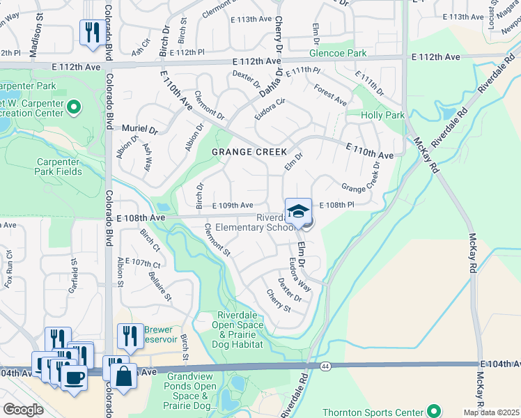 map of restaurants, bars, coffee shops, grocery stores, and more near 4640 East 109th Avenue in Thornton