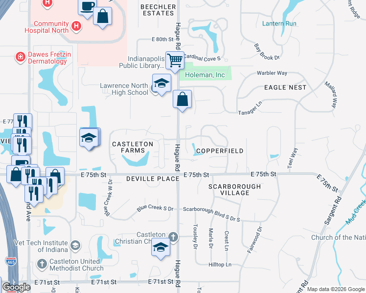 map of restaurants, bars, coffee shops, grocery stores, and more near 7604 Micawber Circle in Indianapolis