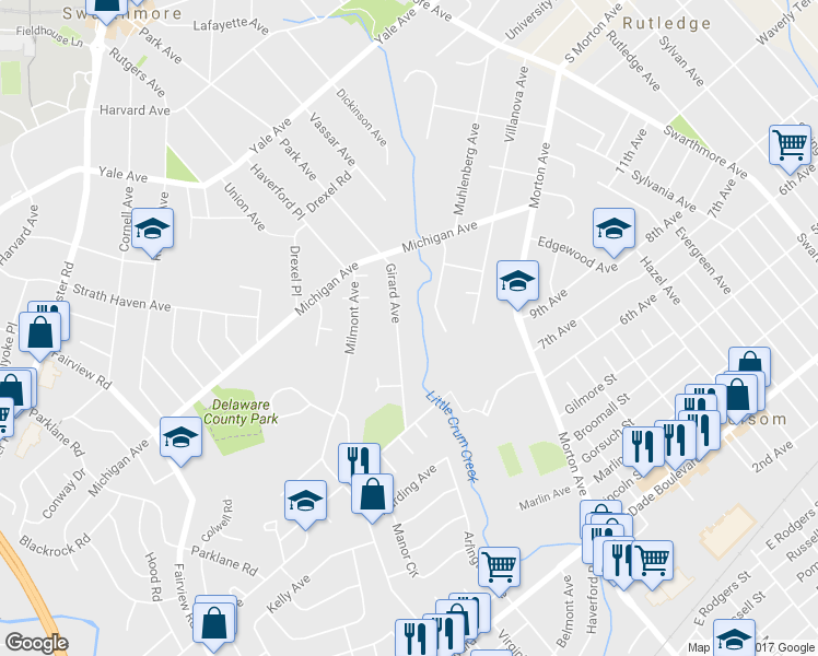 map of restaurants, bars, coffee shops, grocery stores, and more near 912 Girard Avenue in Swarthmore